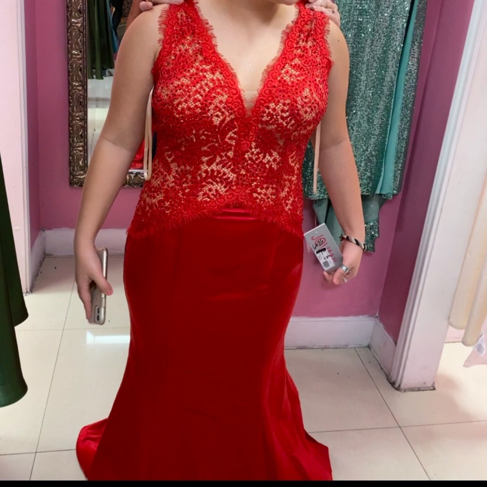 red lace rinestone prom dress